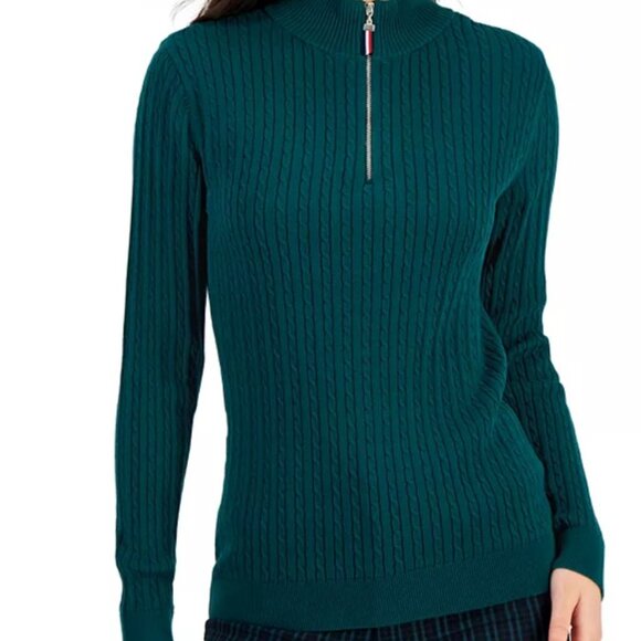 Tommy Hilfiger Women's Cotton Quarter Zip Cable Knit Sweater - Aubergine Color - Picture 7 of 7